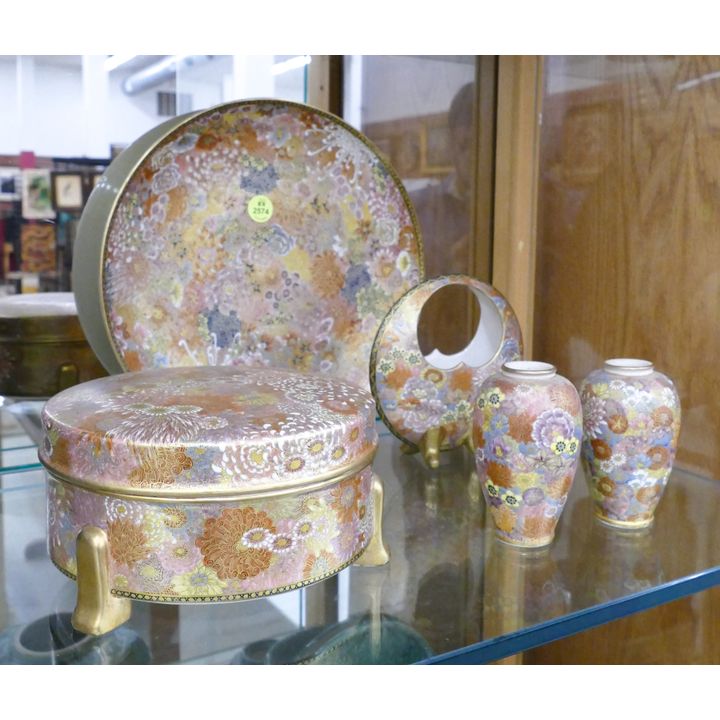 5pc Japanese Fine Floral Satsuma Pottery- 4'' to 10''
