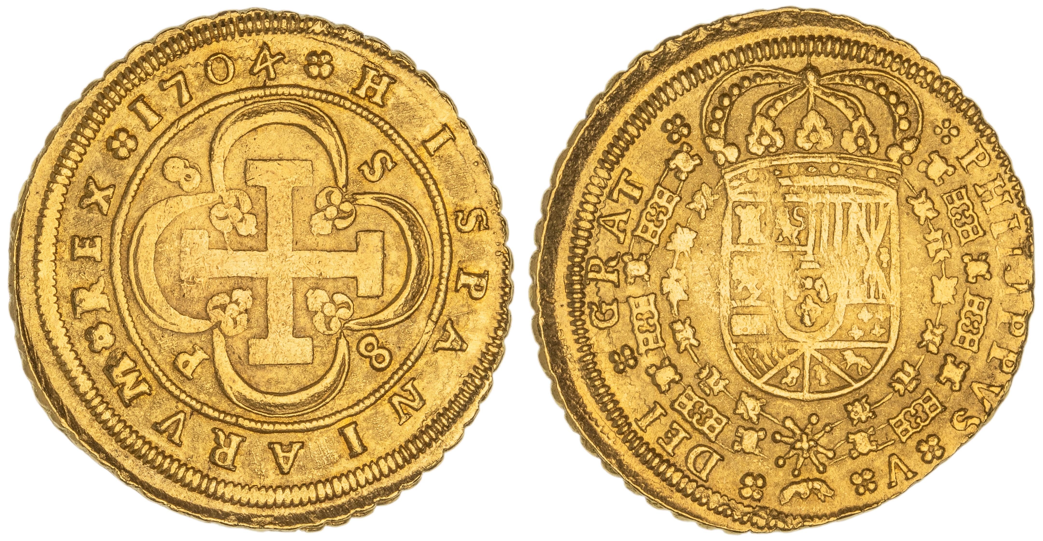 Spain, Eight Escudos, 1704-P, gVF