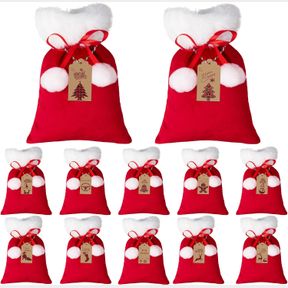 SYHOOD 12 PCS CHRISTMAS VELVET DRAWSTRING CANDY GIFT BAGS WITH WHITE POMS 7X5 INCH SANTA GIFT WRAP BAGS SMALL SANTA CLAUS SACKS WI