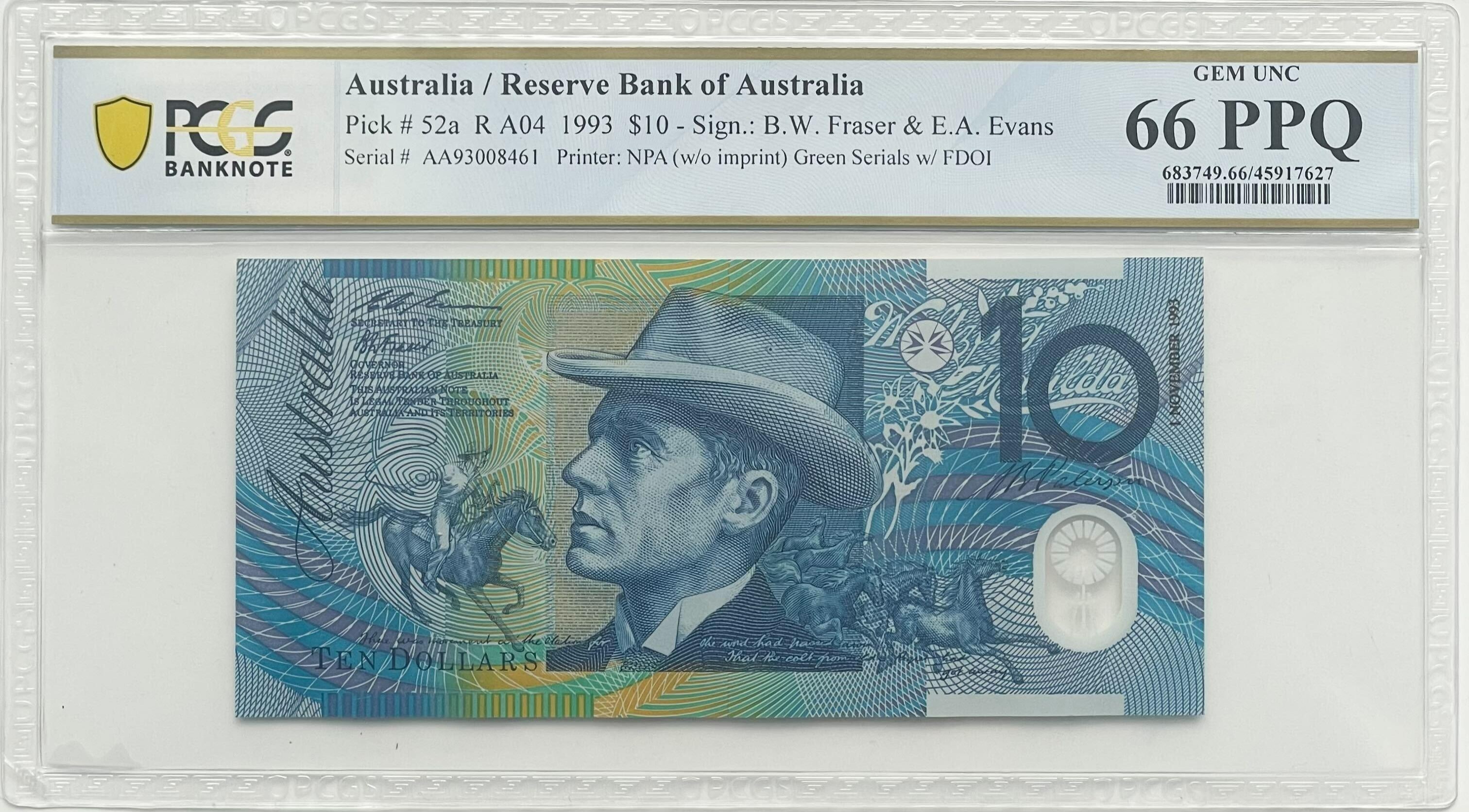 1993 $10 Fraser/Evans Gem Unc 66 PPQ NPA Green Serials with Date Overprint