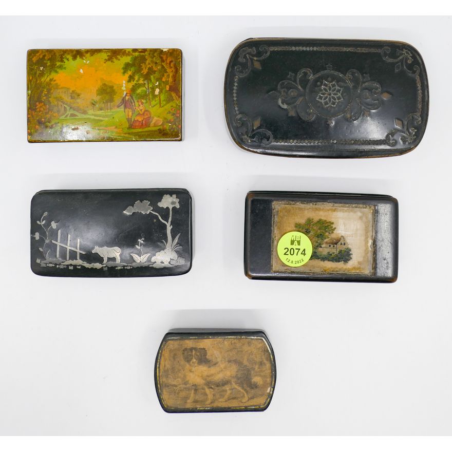 5pc Antique Lacquered Snuff Boxes 2.5'' to 4.5''