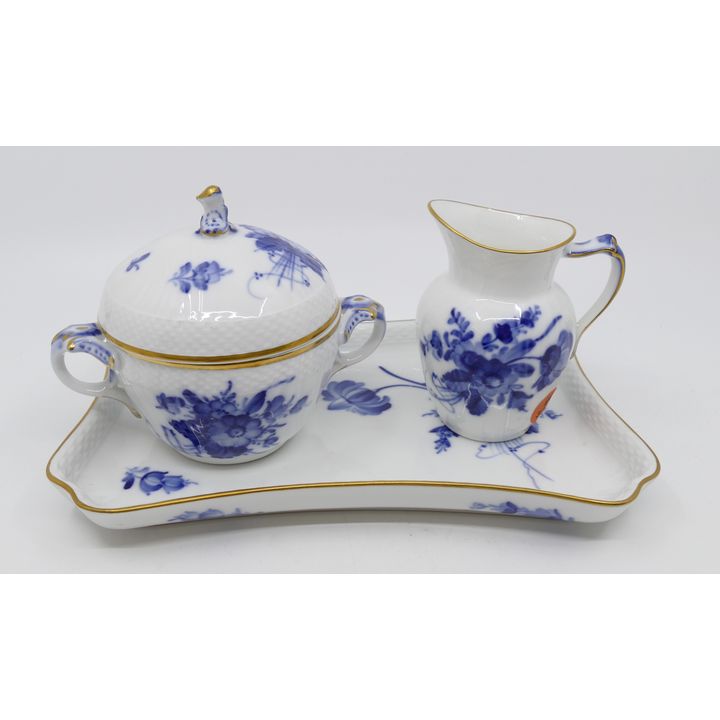 3pc Set Royal Copenhagen Blue Flowers (Curved) Sugar, Creamer, and Tray