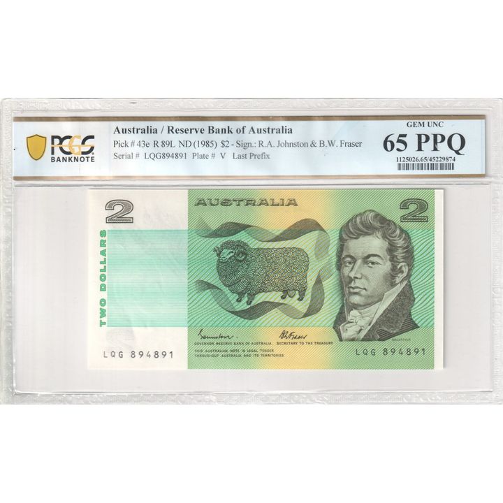 1985 Australia $2 Banknote Johnston/Fraser Gem Unc 65 PPQ Last Prefix - R.89L