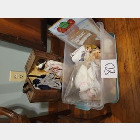 Small tote of hand made dolls and steamer trunk porcelain doll