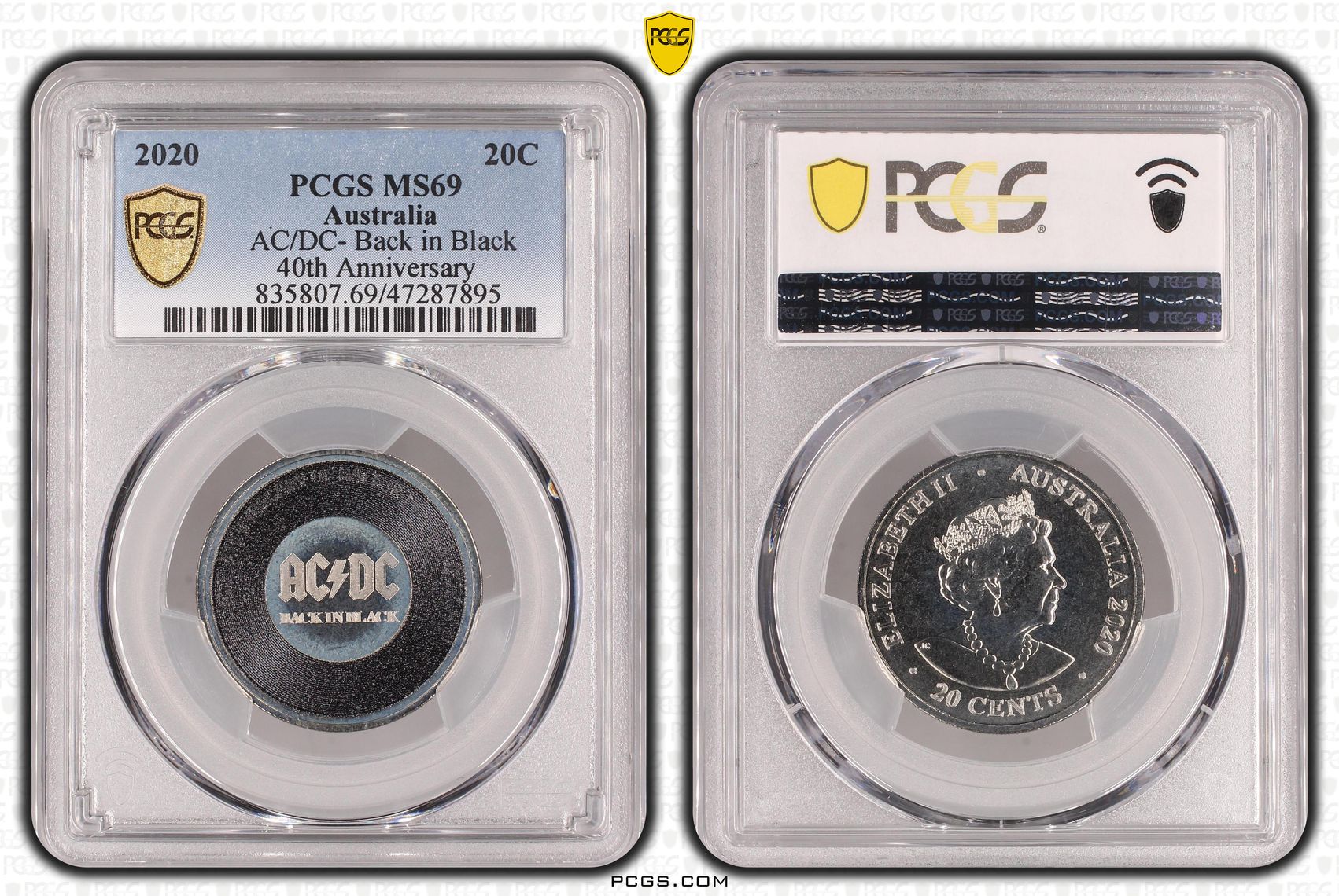 109 · Elizabeth II, AC/DC- Back in Black 40th Anniversary, Twenty Cent, 2020, PCGS MS69