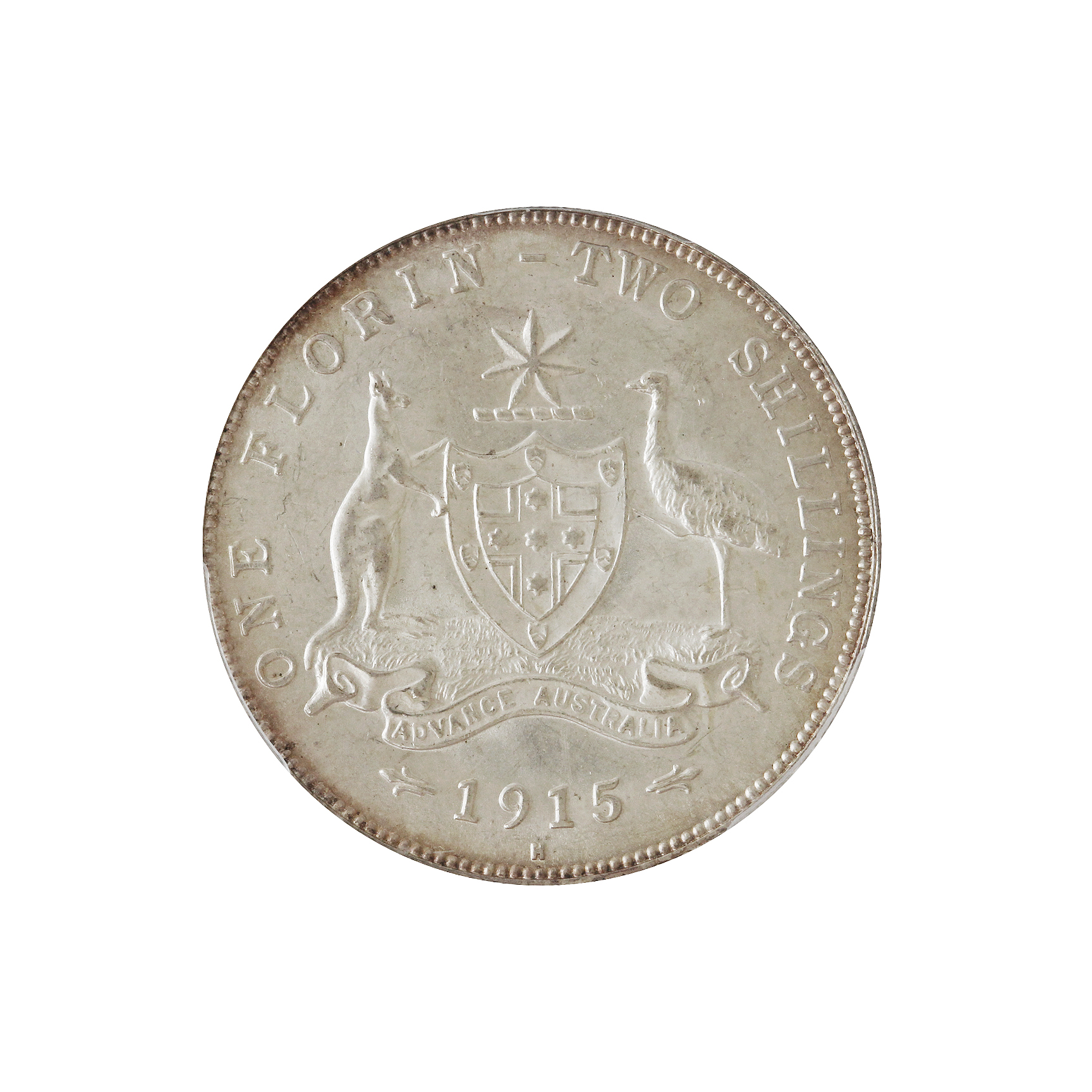 George V, Florin, 1915-H, MS 62+