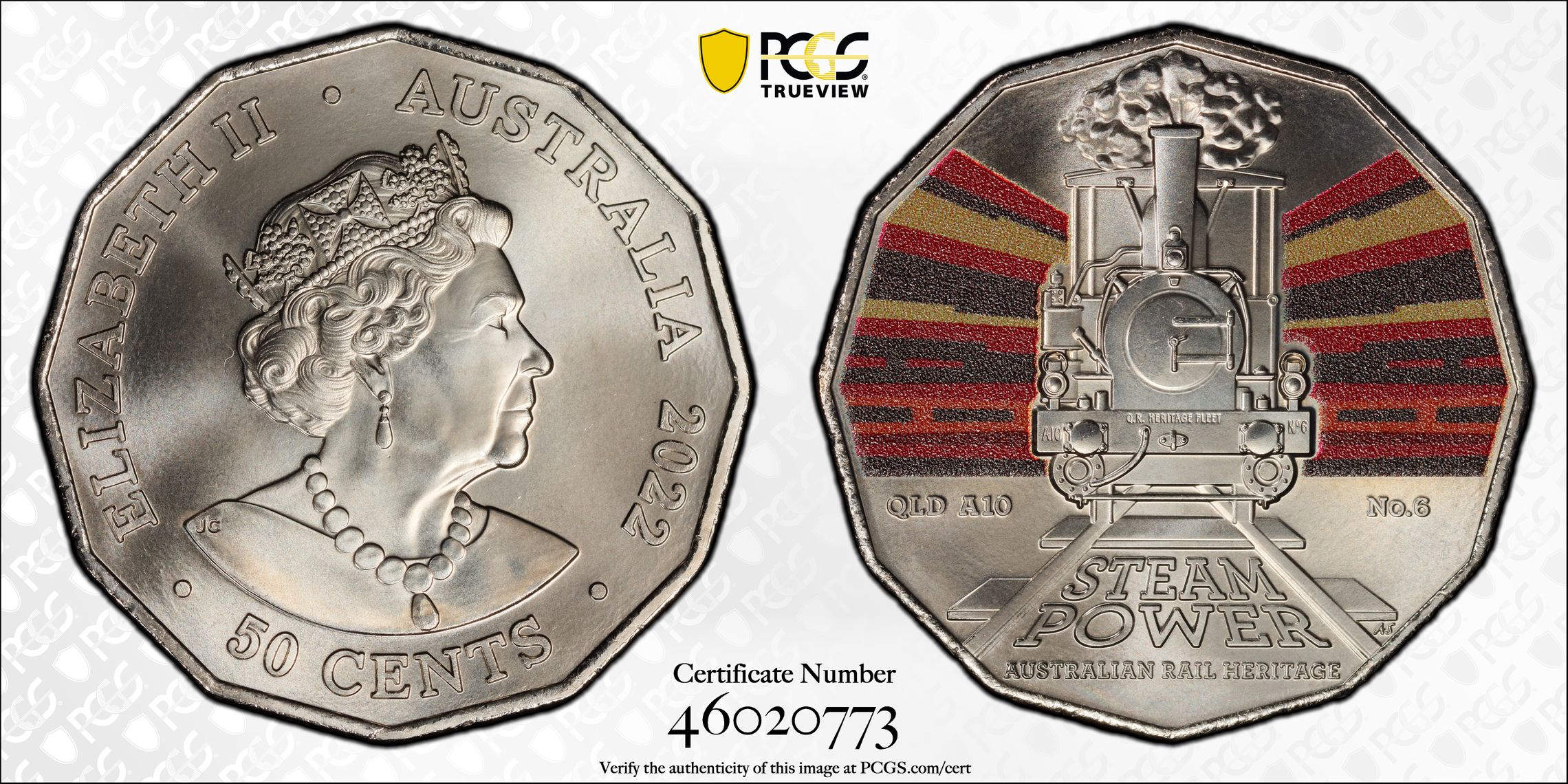 413 · Queensland Rail A10 No.6 - Australian Rail Heritage, Fifty Cent, 2022, PCGS MS69