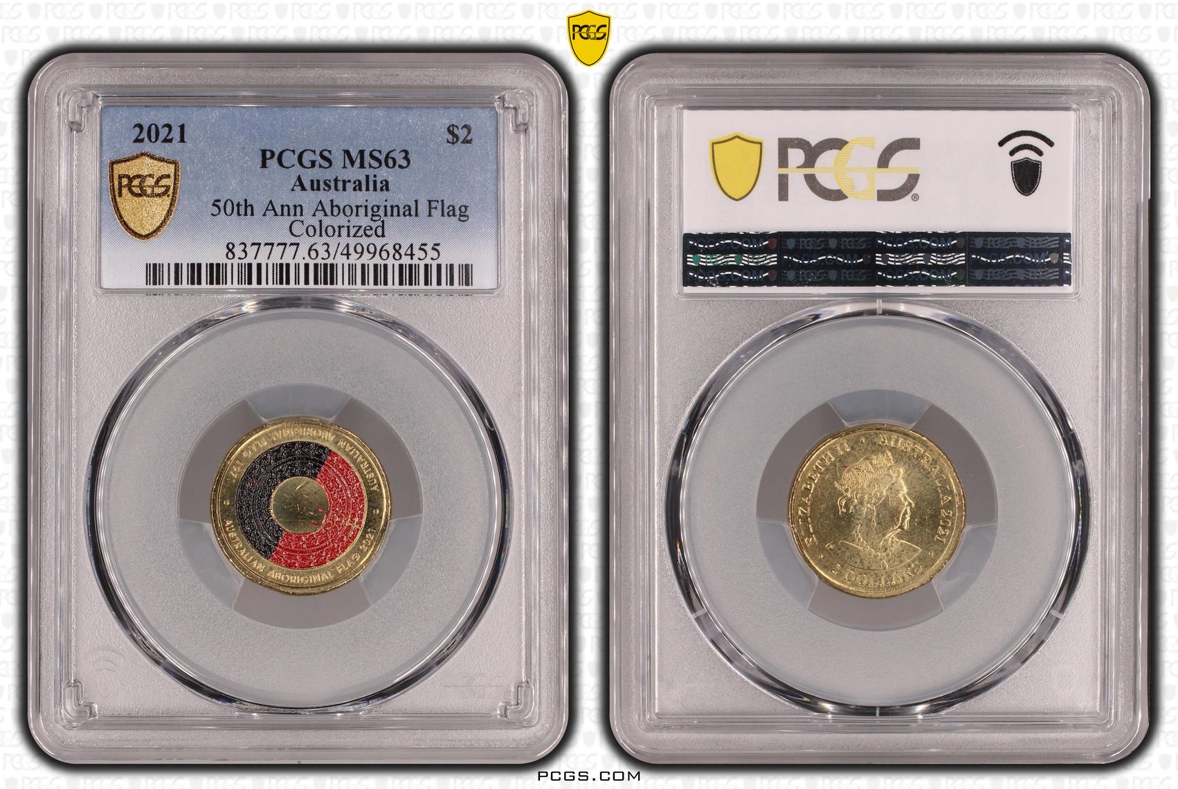 50th Ann Aboriginal Flag Colourised, Two Dollar, 2021, PCGS MS63