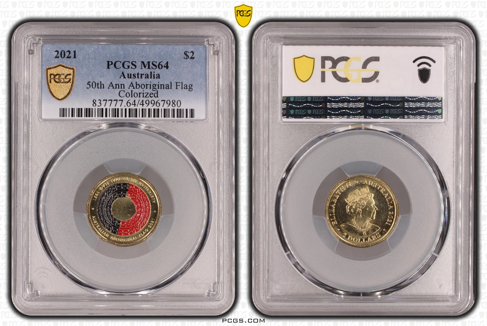 50th Ann Aboriginal Flag Colorized , Two Dollar, 2021, PCGS MS64