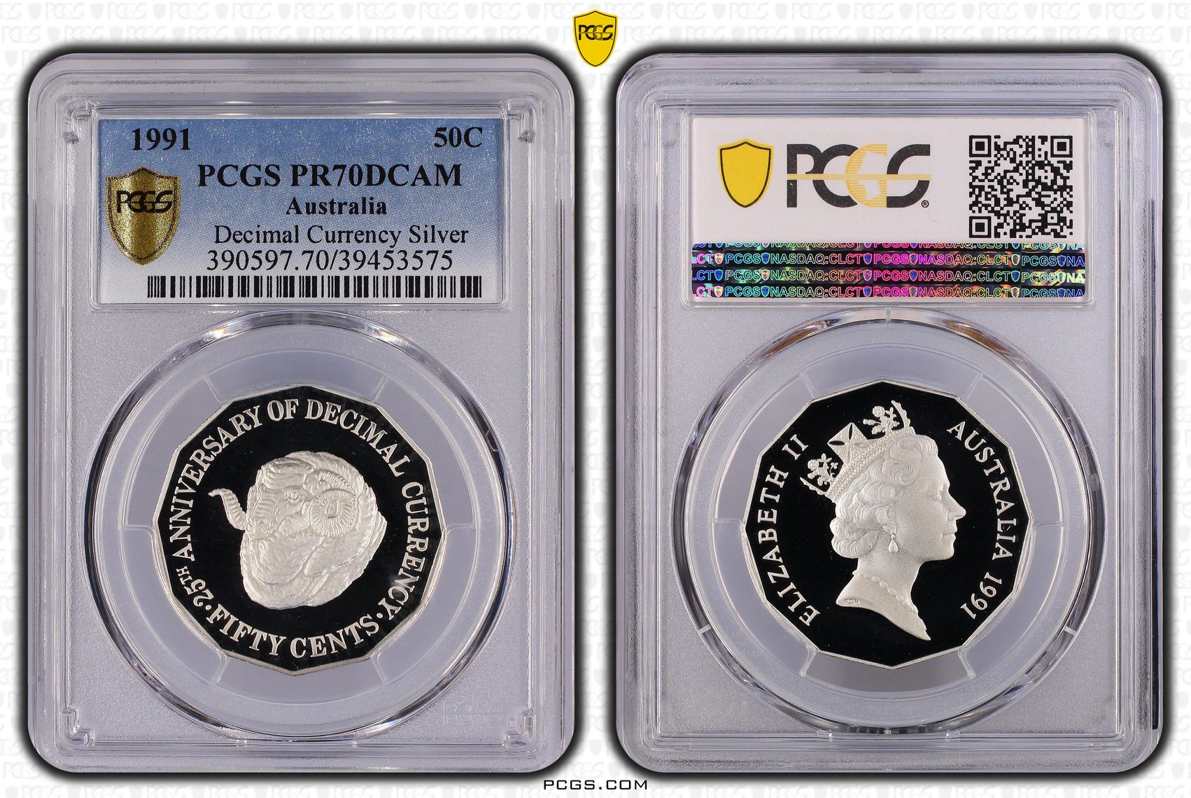 275 · 1991 Australia Fifty Cent, 50c Silver Proof 25th Anniversary Decimal Currency Silver PCGS - PR70DCAM POP 21/0 -575