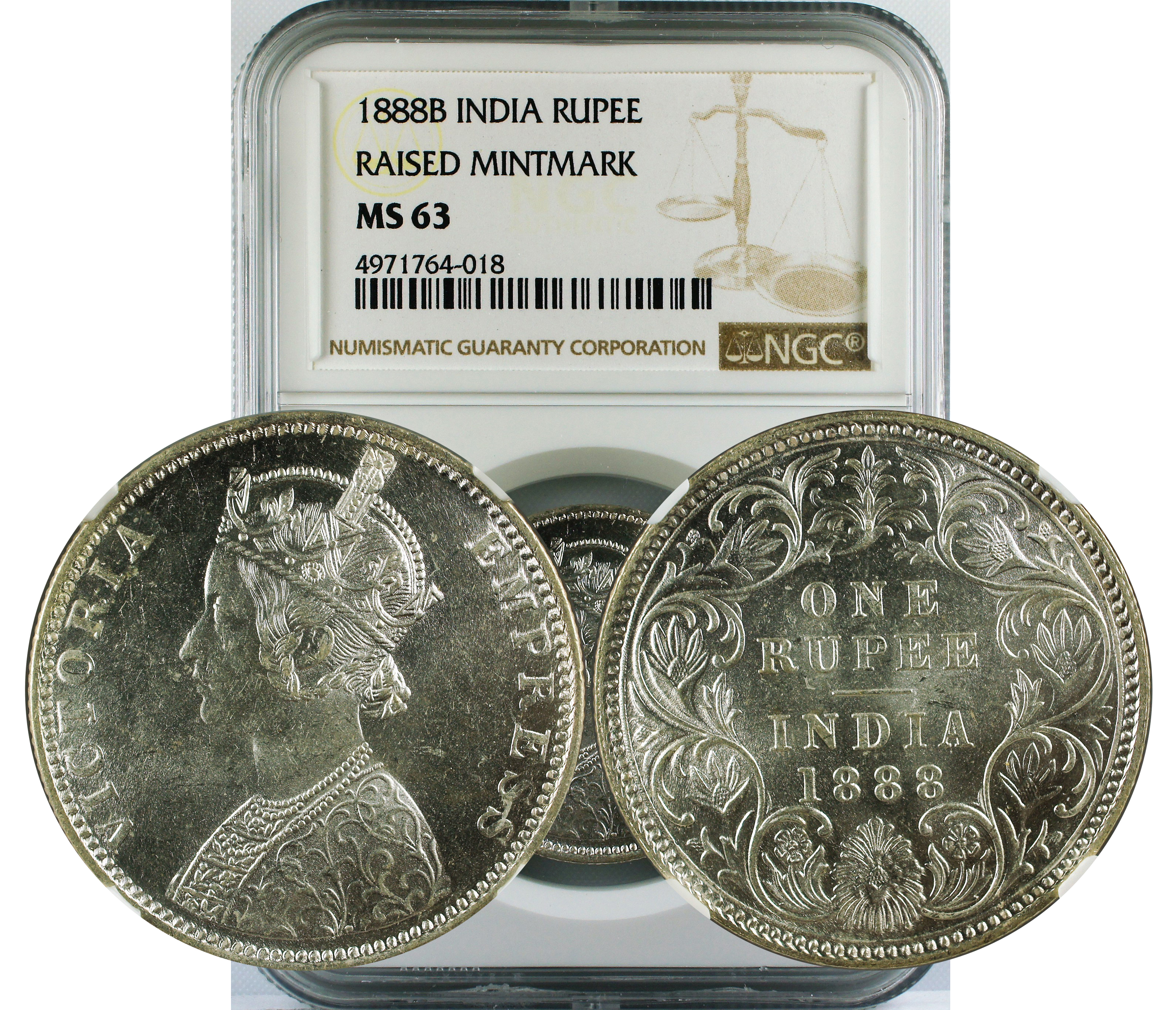 1888 B INDIA RUPEE RAISED MINTMARK MS63