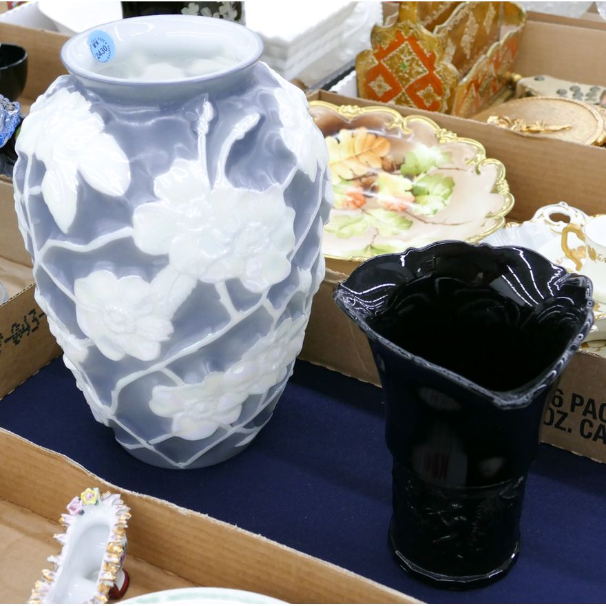 2pc Amethyst Glass & Consolidated Floral Vases - Largest 11''