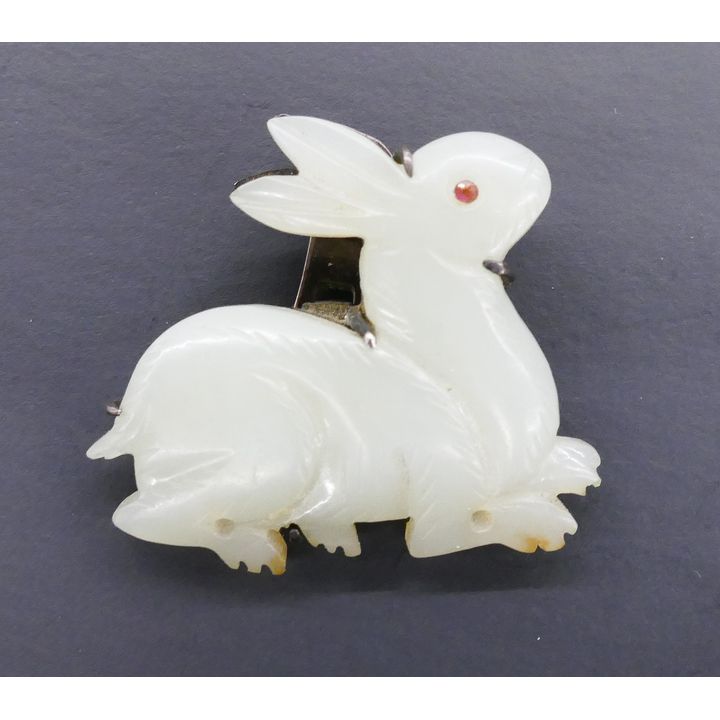 Chinese Mogul Style Jade Rabbit Brooch