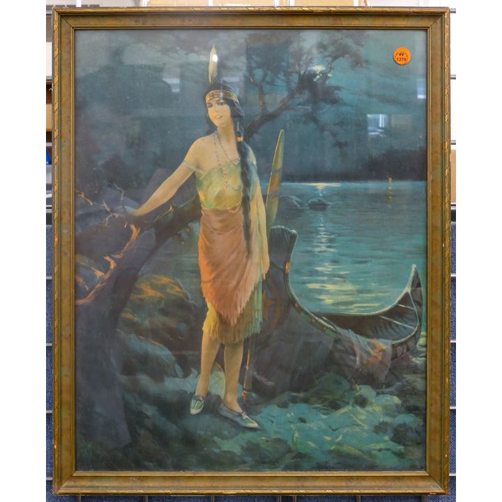 Antique Indian Maiden Lithograph Framed 22''x17.5''