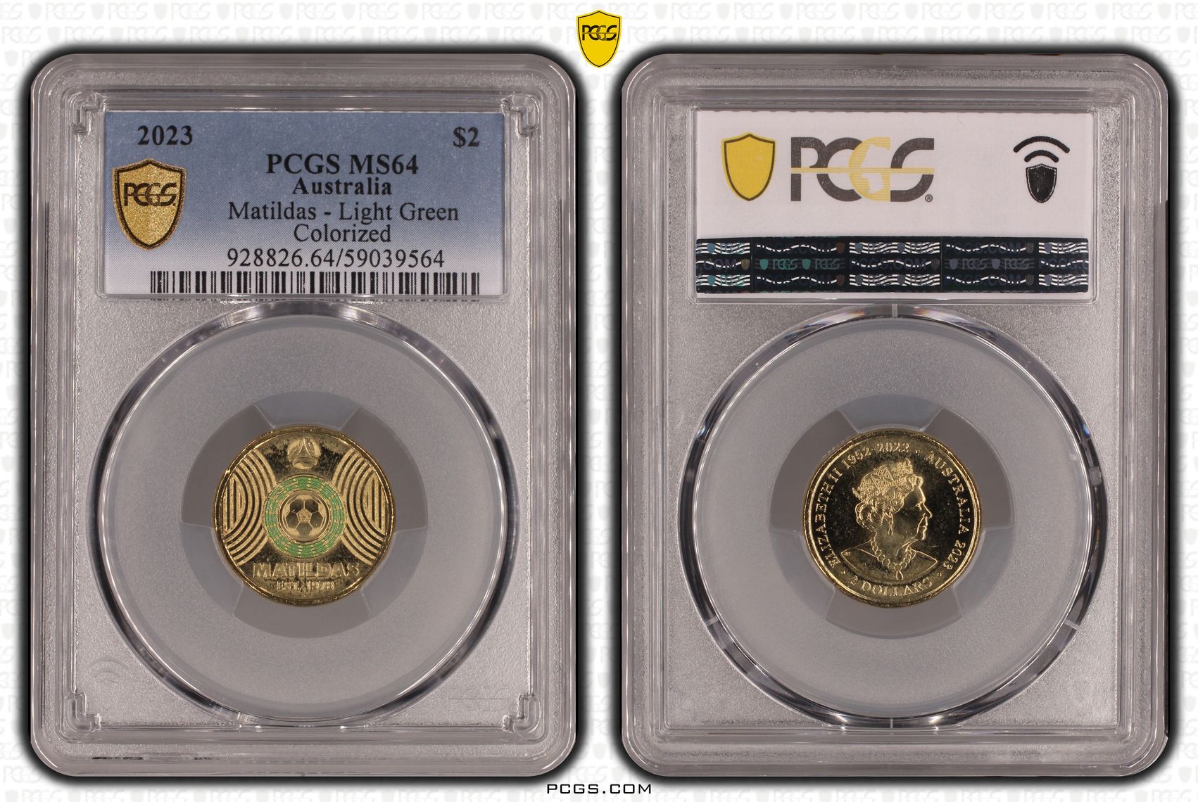 Matildas - Light Green Colorized, Two Dollar, 2023, PCGS MS64