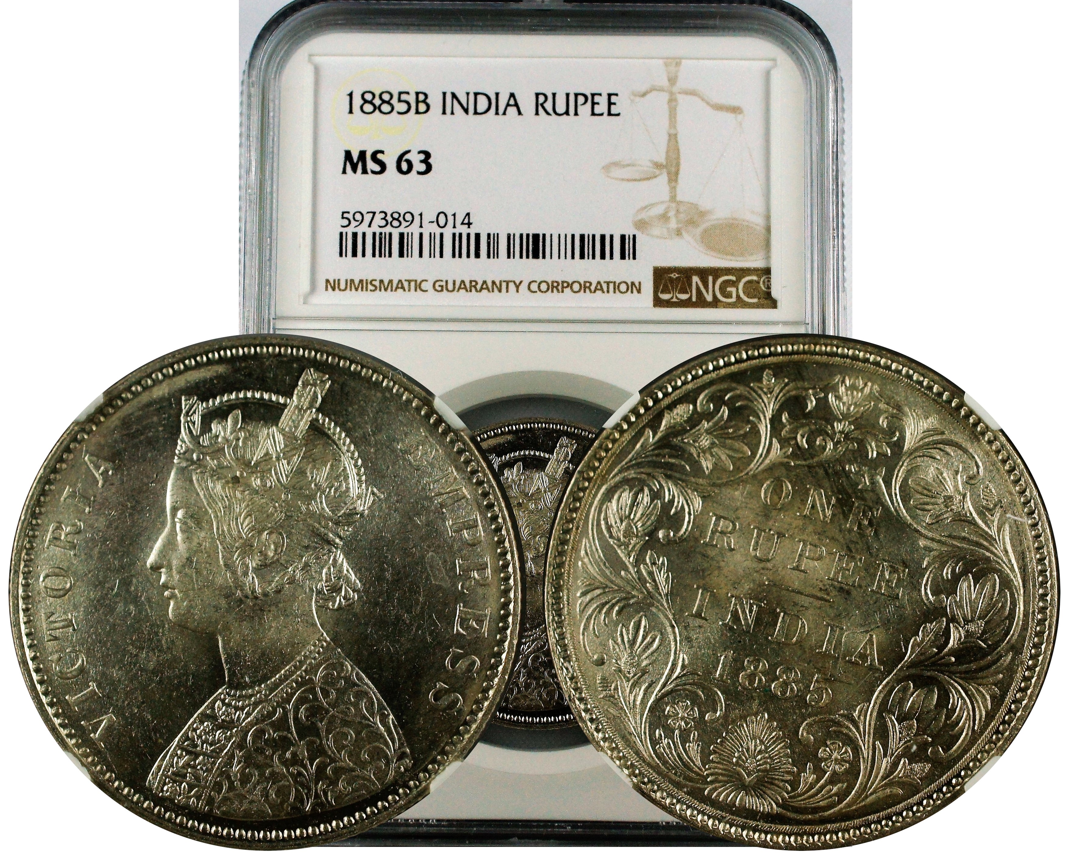 India 1885 B Rupee NGC MS63