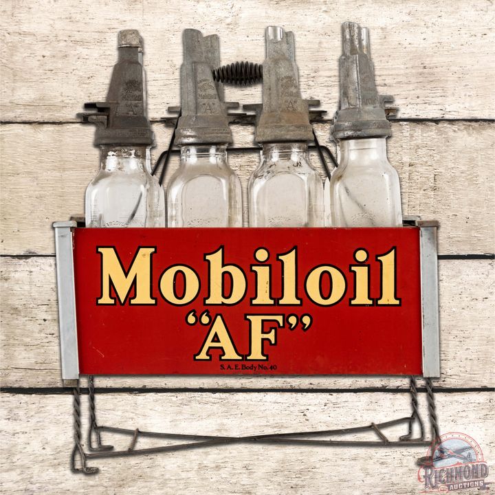 Mobiloil AF Display Rack Complete w/ Glass Oil Bottles & Spouts