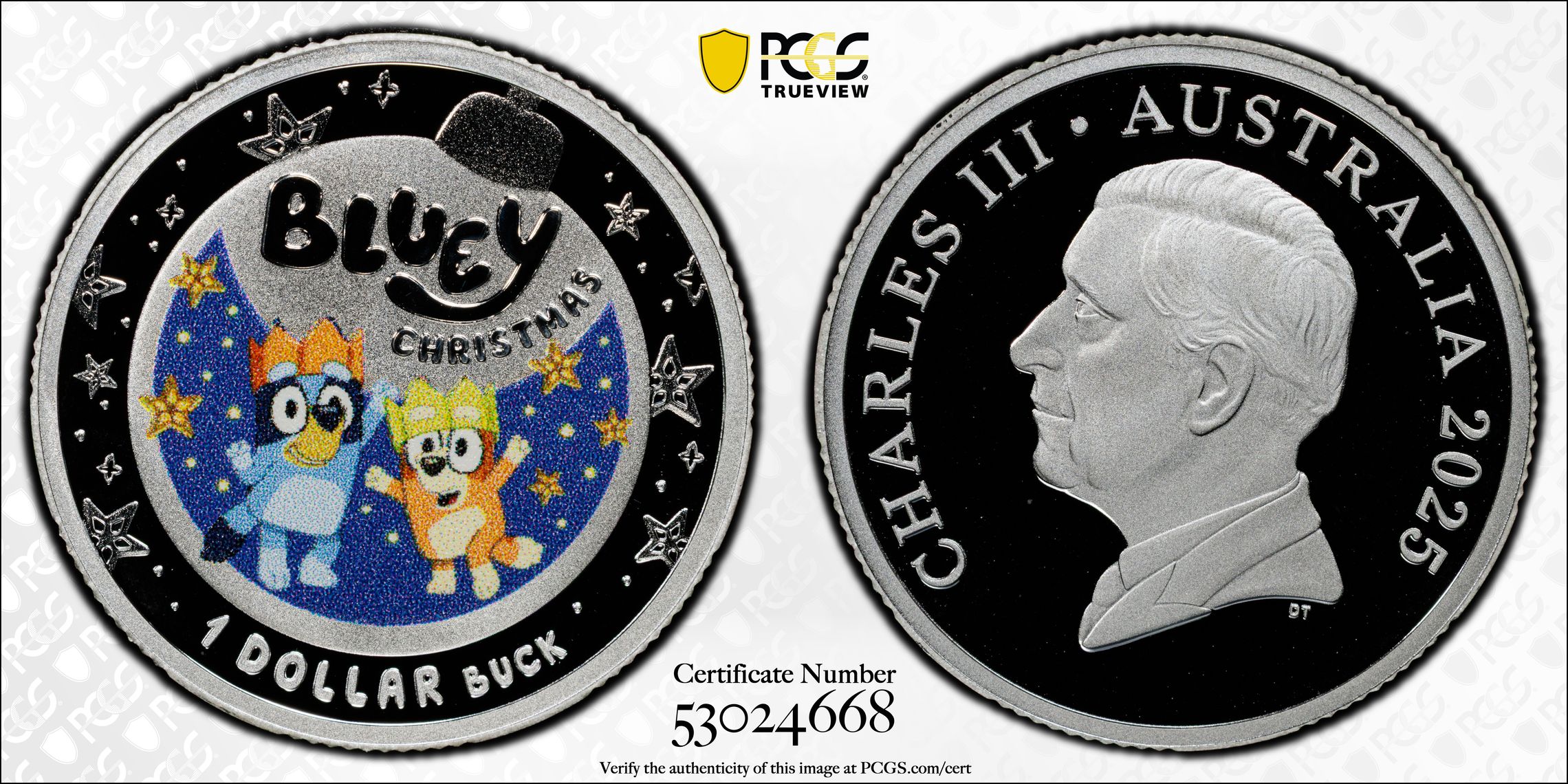 Bluey Christmas Silver Colourised, One Dollar, 2025, PR69DCAM