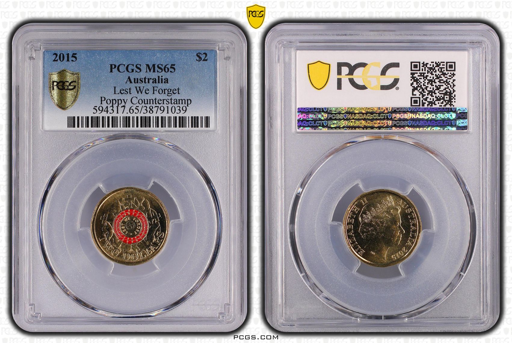 2015 Australian Two Dollar, $2 Lest We Forget Poppy counterstamp PCGS - MS65 -039