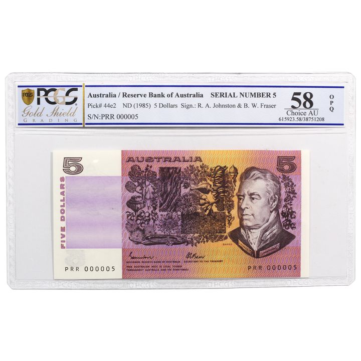 Special Serial - Johnston/Fraser, Five Dollar, 1985 AU58
