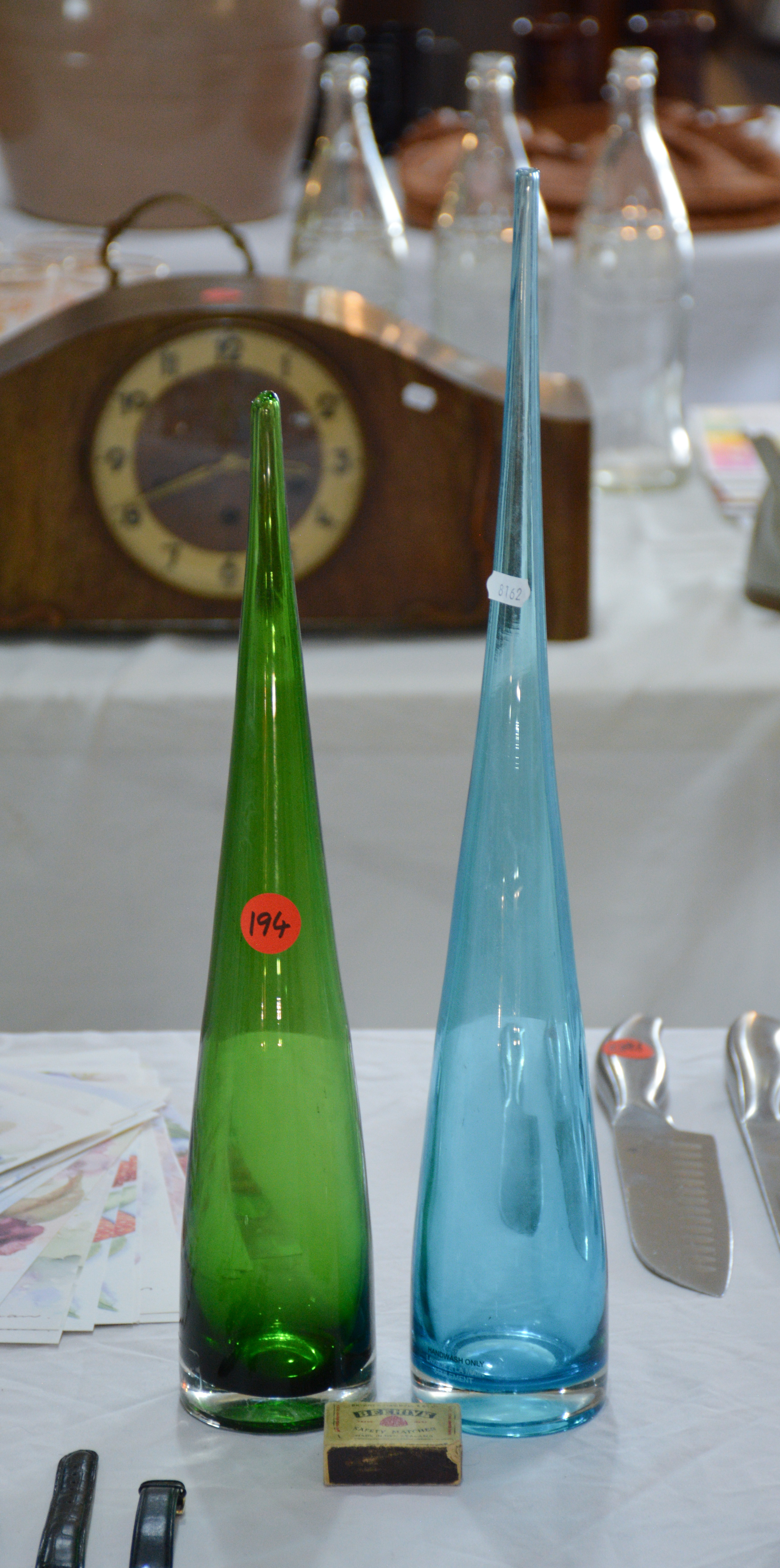 Tall Blue + Green Art Glass Flower Vases — sold at auction in New Zealand for $15