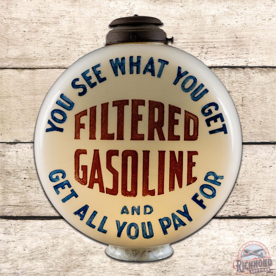 Rare Filtered Gasoline "You See What You Get" OPE Milk Glass Chimney Cap Gas Pump Globe