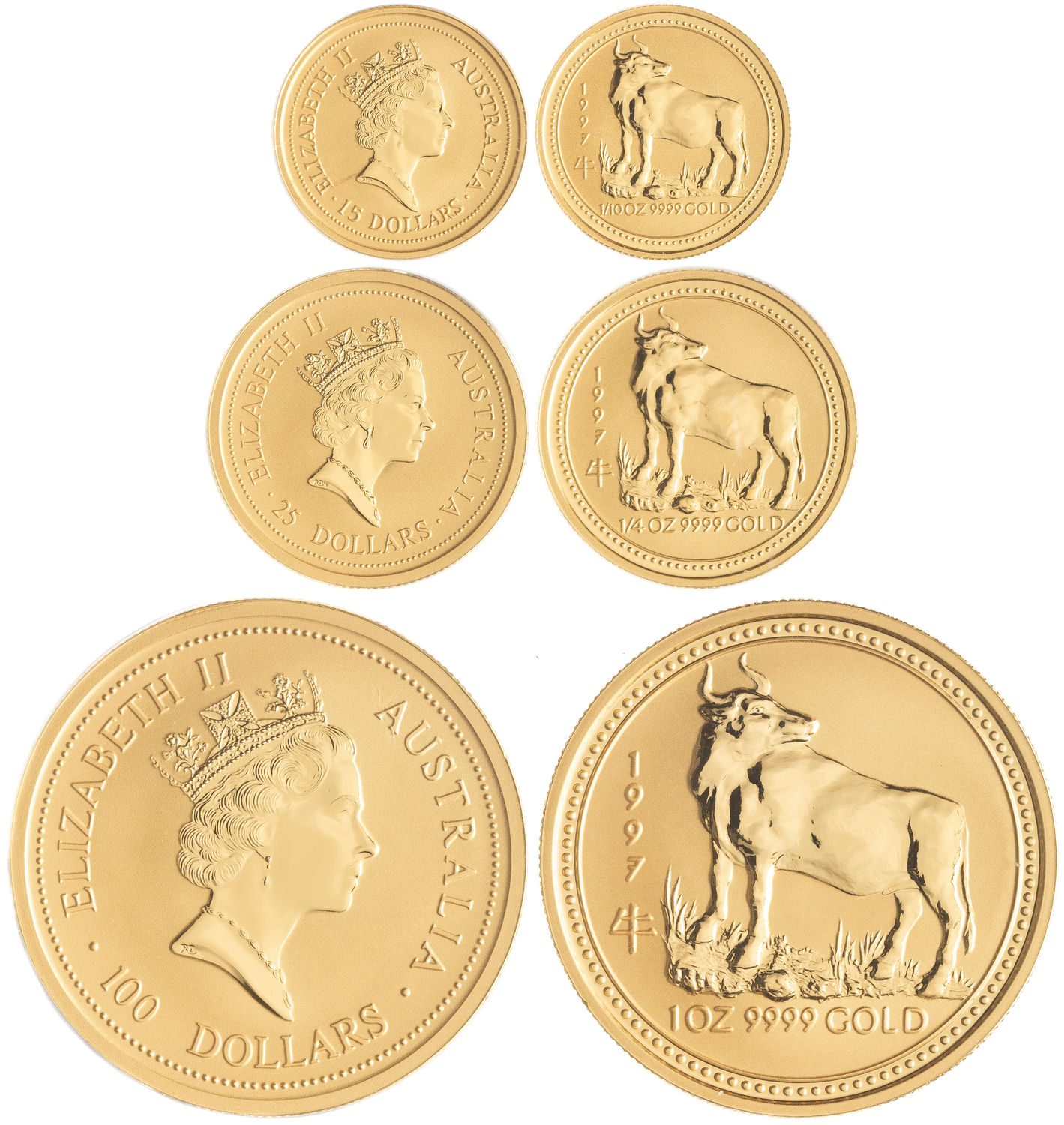 Elizabeth II, Lunar Series I - Ox, Fifteen Dollars - One Hundred Dollars, 1997, FDC