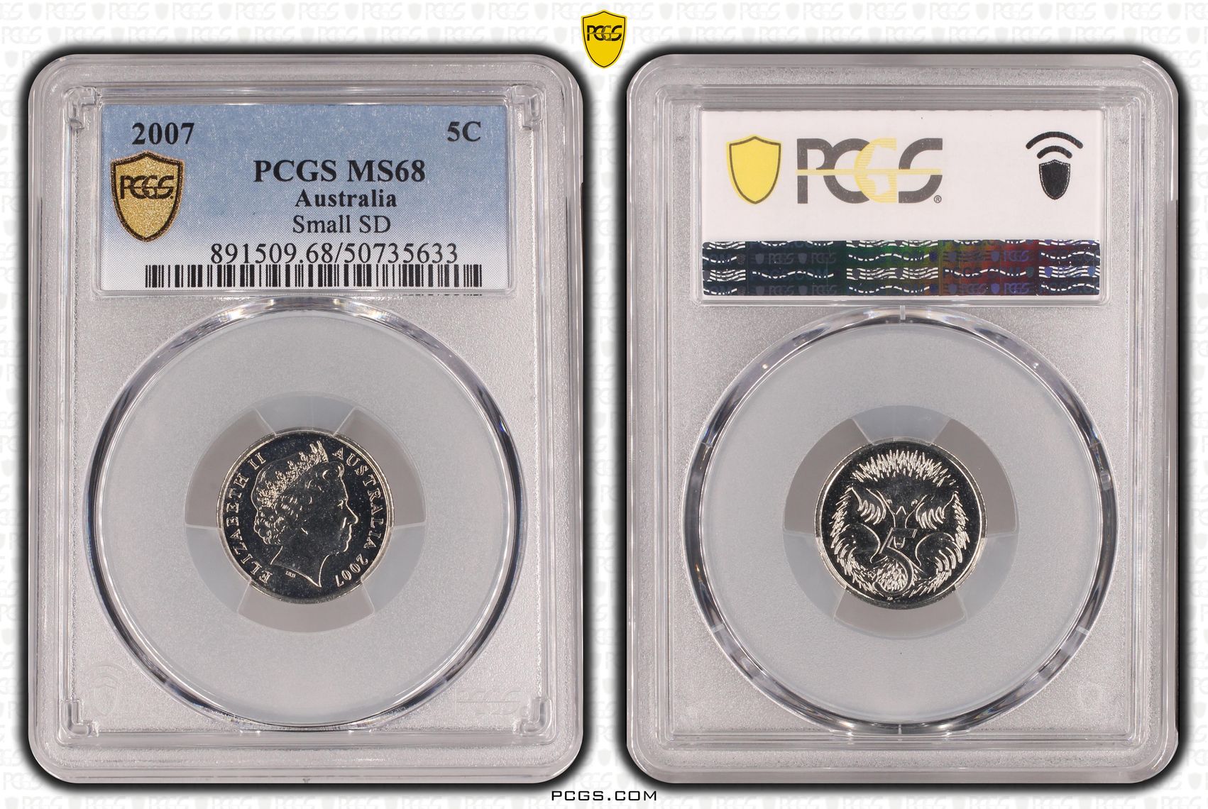 Small SD , Five Cent, 2007, PCGS MS68