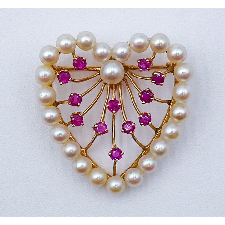 Ladies 14k Pearl & Pink Sapphire Heart Brooch 1.5'' - 7.1 Grams
