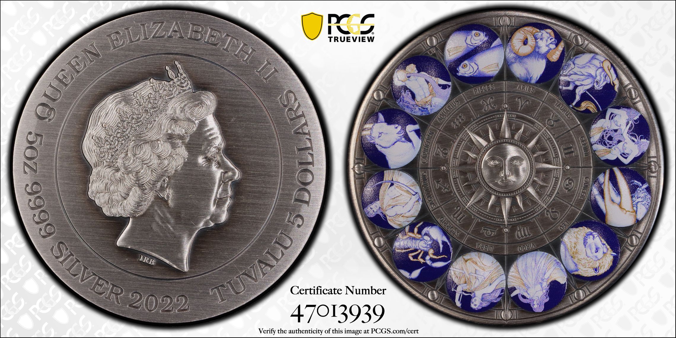 Tuvalu, Signs of Zodiac 5oz Ag Antique Finish POP 2/0, Five Dollar, 2022, PCGS MS69