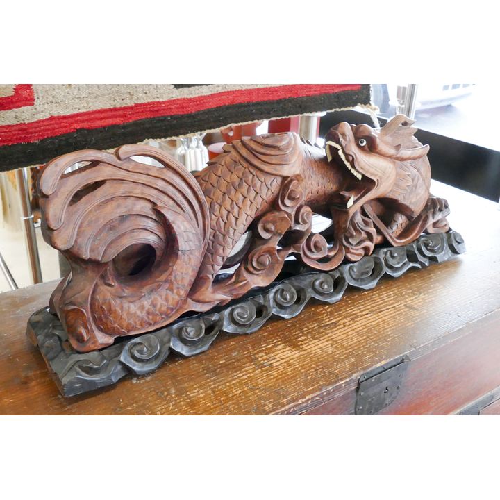 Chinese Rosewood Dragon Figure with Bone Applique (missing central pearl)- 9x25''