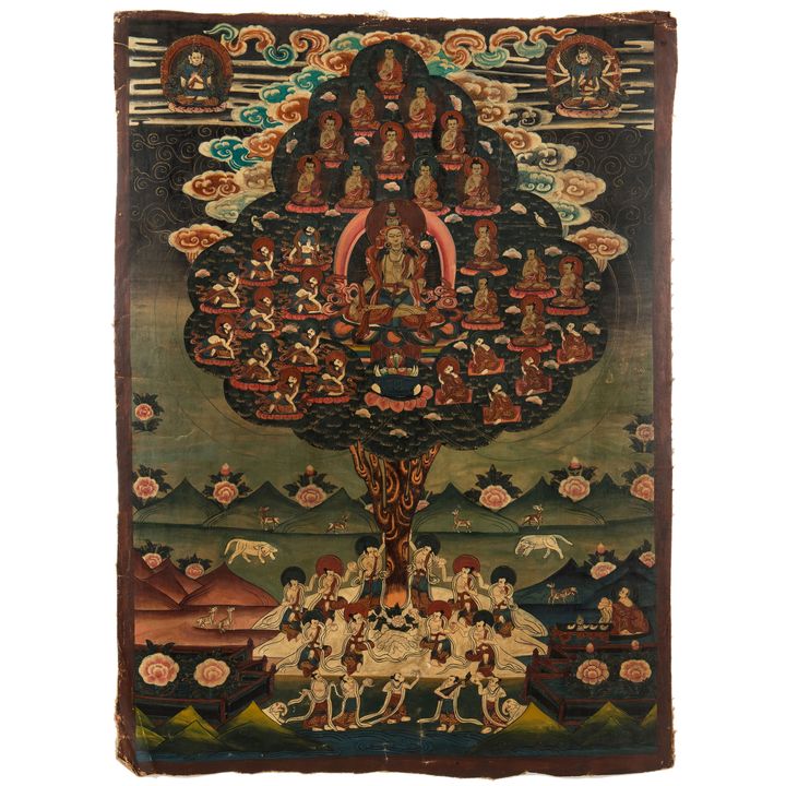 Tanka z Padmapani w koronie drzewa w otoczeniu wizerunków Buddy, Nepal, pocz. XX w.