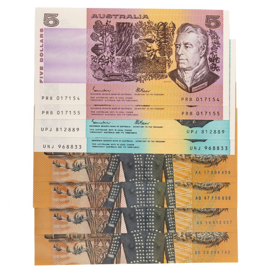 Johnston/Fraser, Five Dollars - Ten Dollars, 1985 - 1988,  VF - UNC