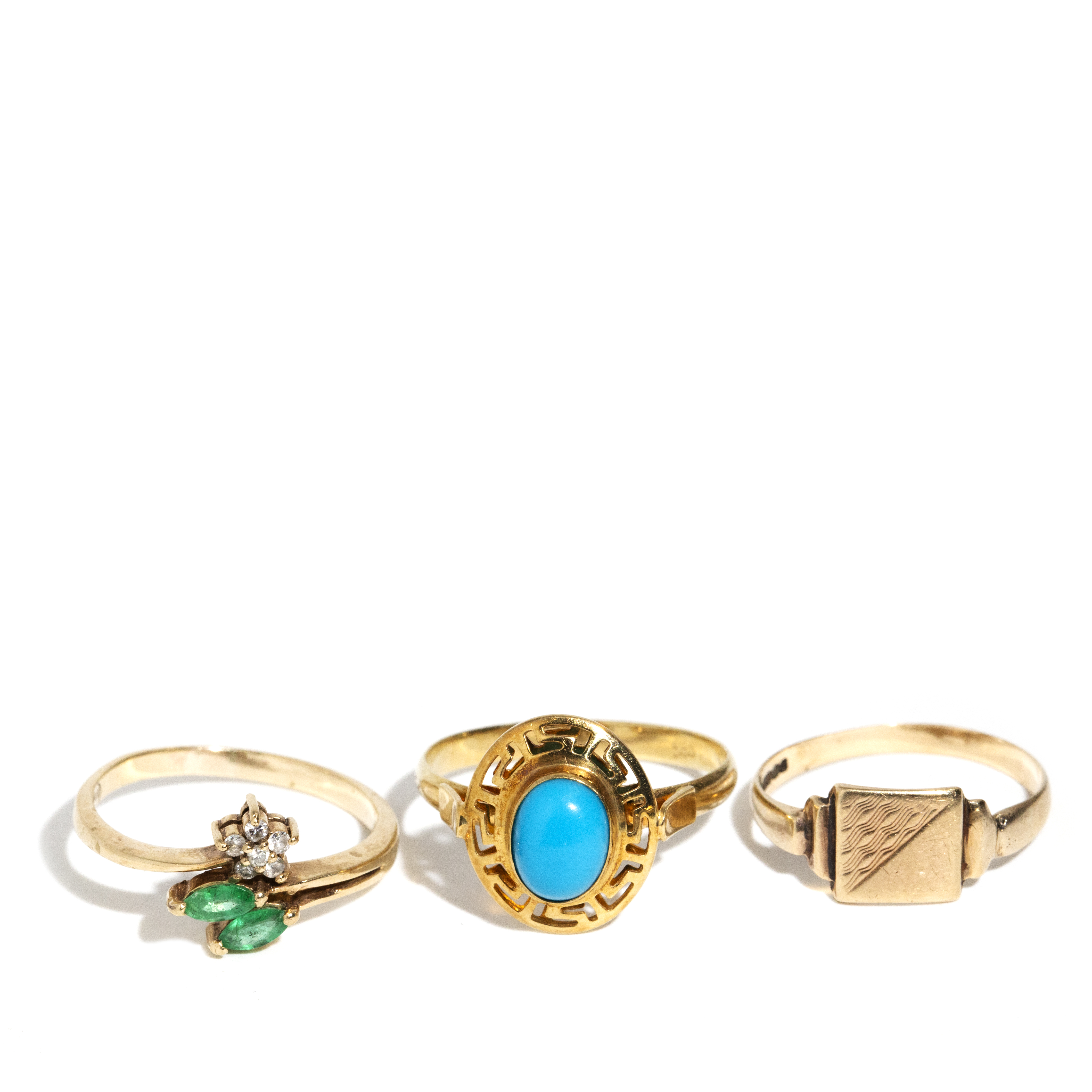 406 · 14ct Turquoise Ring, 9ct Emerald & Diamond Ring, & 9ct Signet Ring
