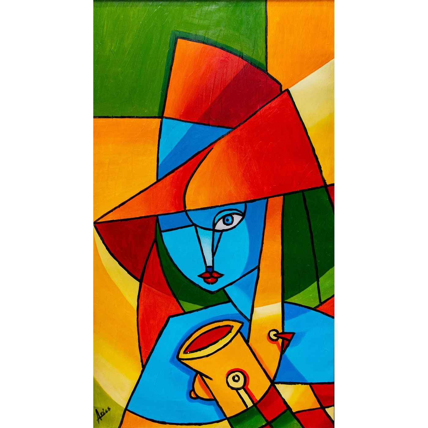 Nicaragua Hand Painted Portrait, Saxophone Woman, Cubism. Artist