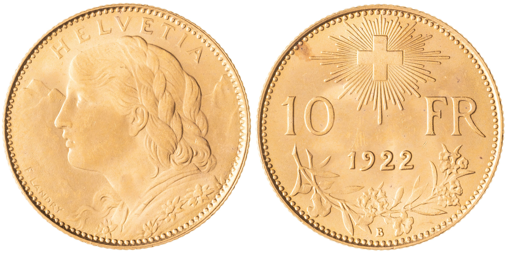 Switzerland, Ten Francs, 1922-B, UNC