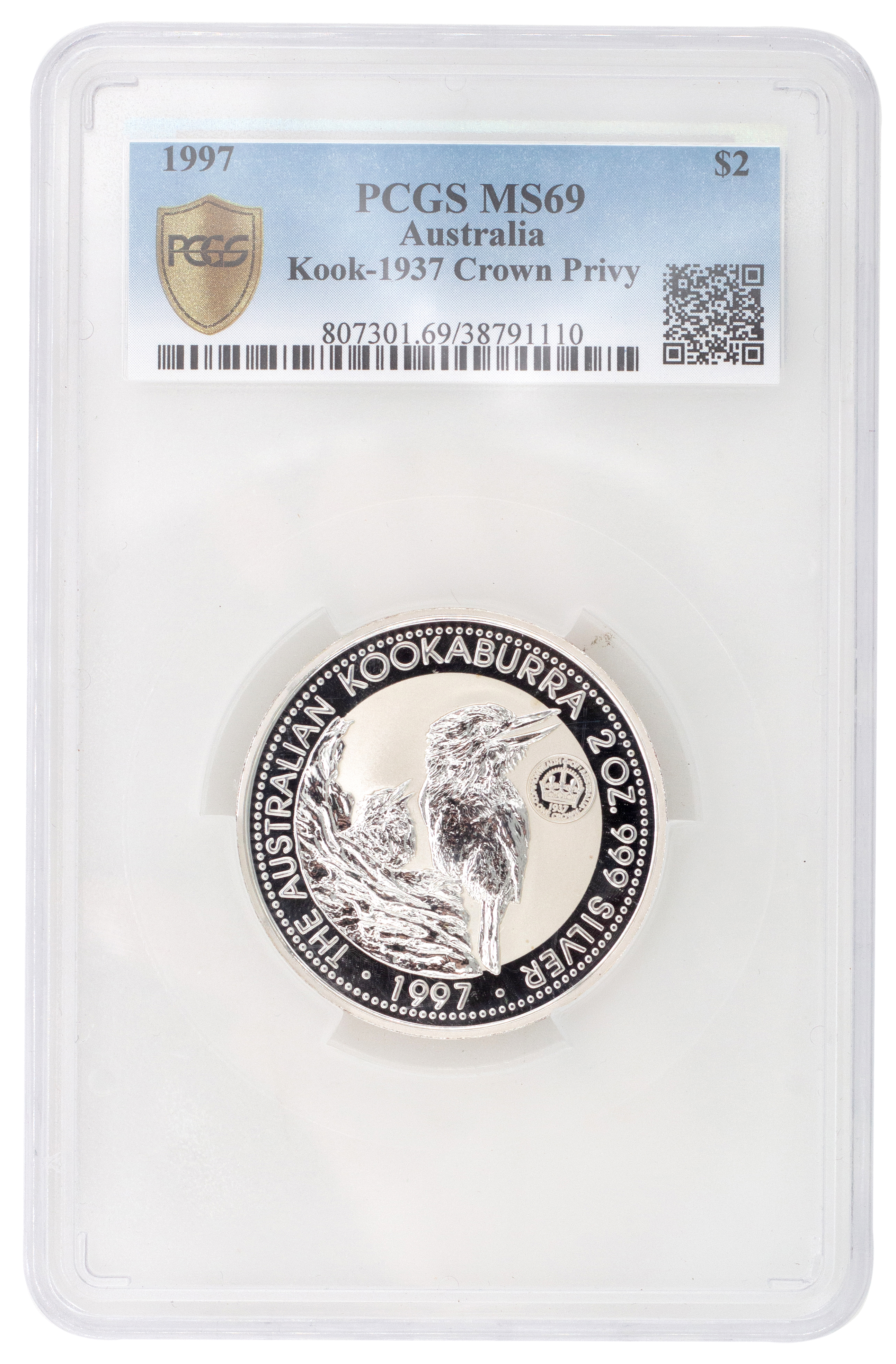 Elizabeth II, 2oz Kookaburra, Two Dollars, 1997, PCGS MS 69