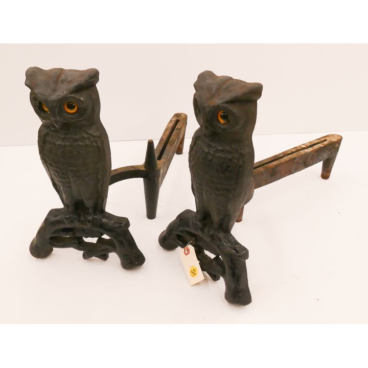 Pair Antique Owl Andirons (GC)- 14''