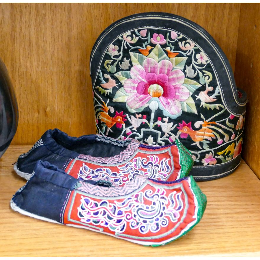 2pc Old Chinese Silk Embroidered Hat & Shoes 8'' Approx.