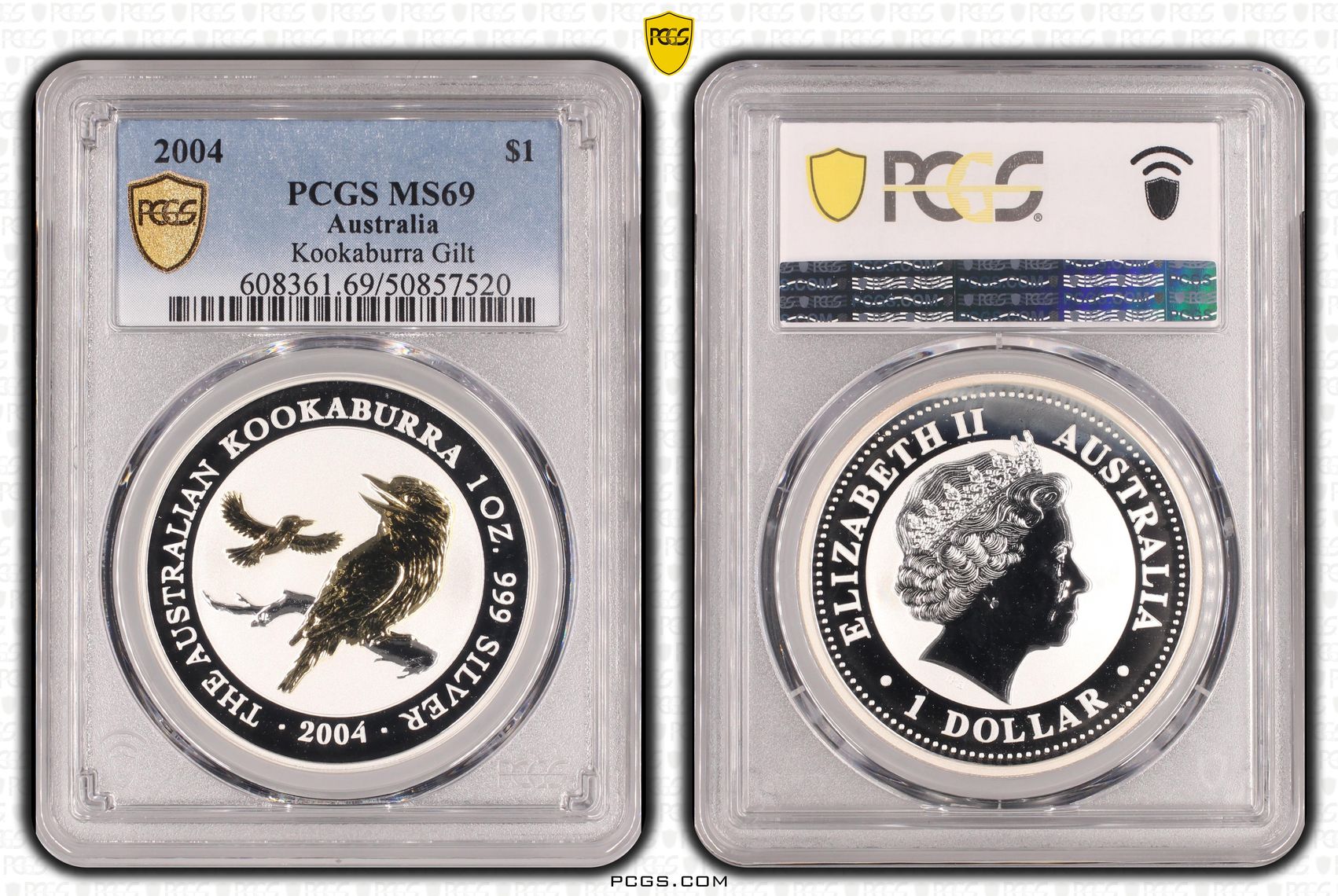 213 · Kookaburra Gilt 1oz Silver, One Dollar, 2004, PCGS MS69