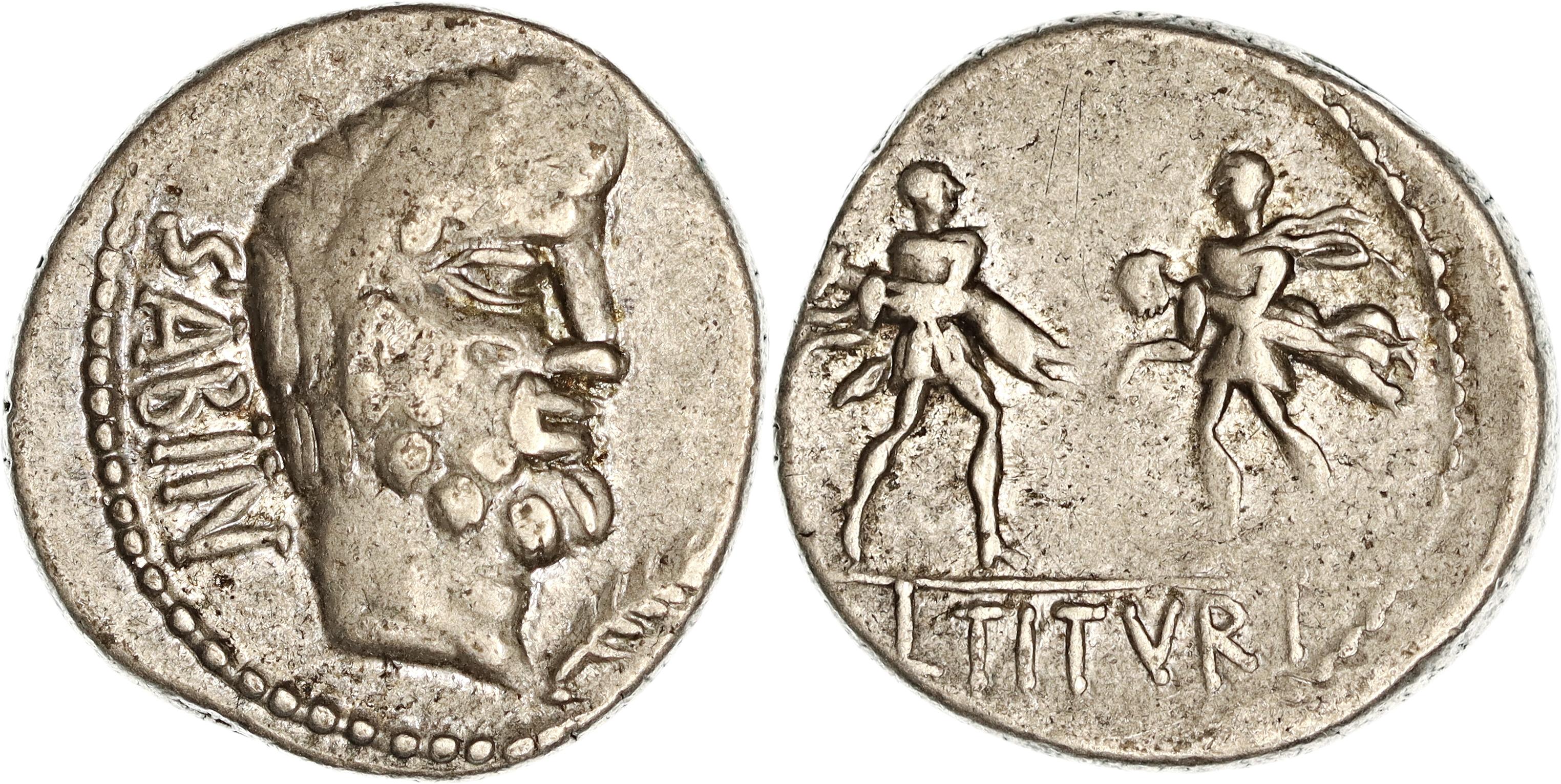 Roman Republic, L. Titurius L.f. Sabinus, Silver Denarius, 89 BC, nVF