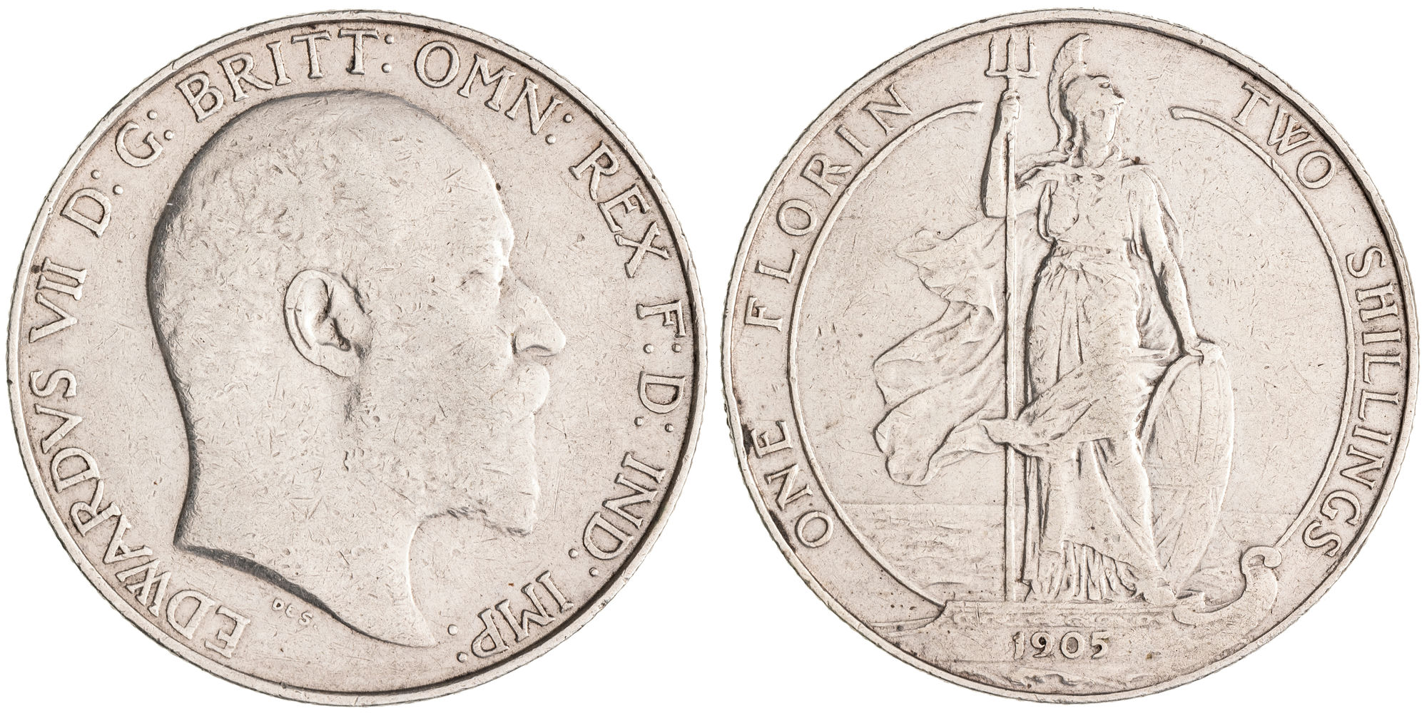 Great Britain, Edward VII, Bare Head, Florin, 1905, aVF