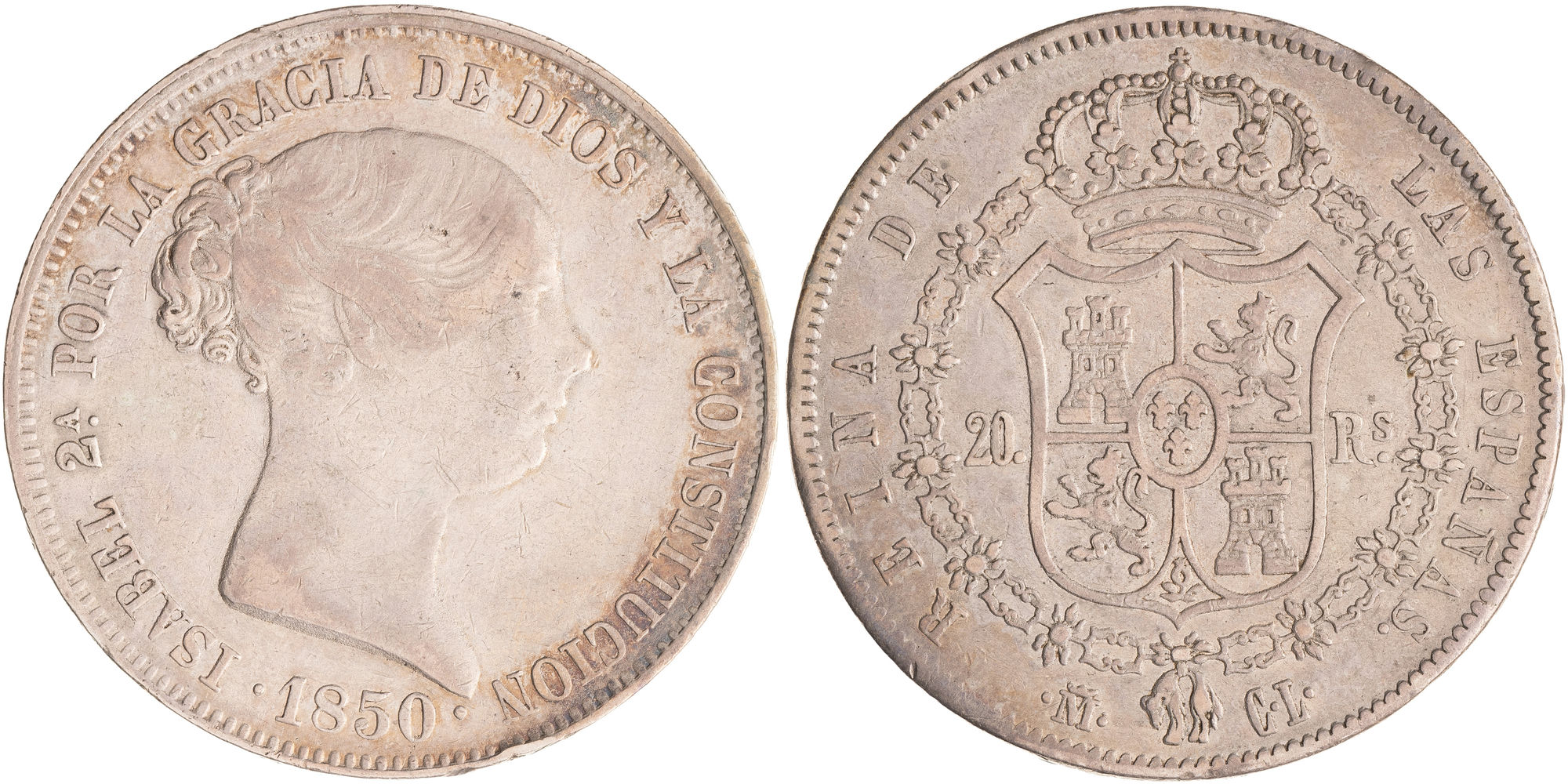 Spain, Isabella II, Twenty Reales, 1850-CL, gF