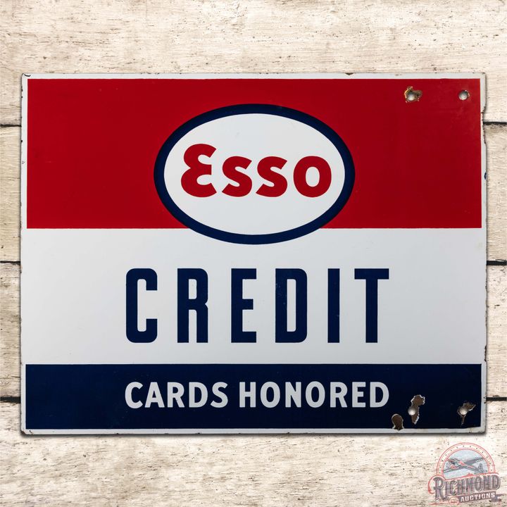 Esso Credit Cards Honored Double Sided Porcelain Sign w/ Logo