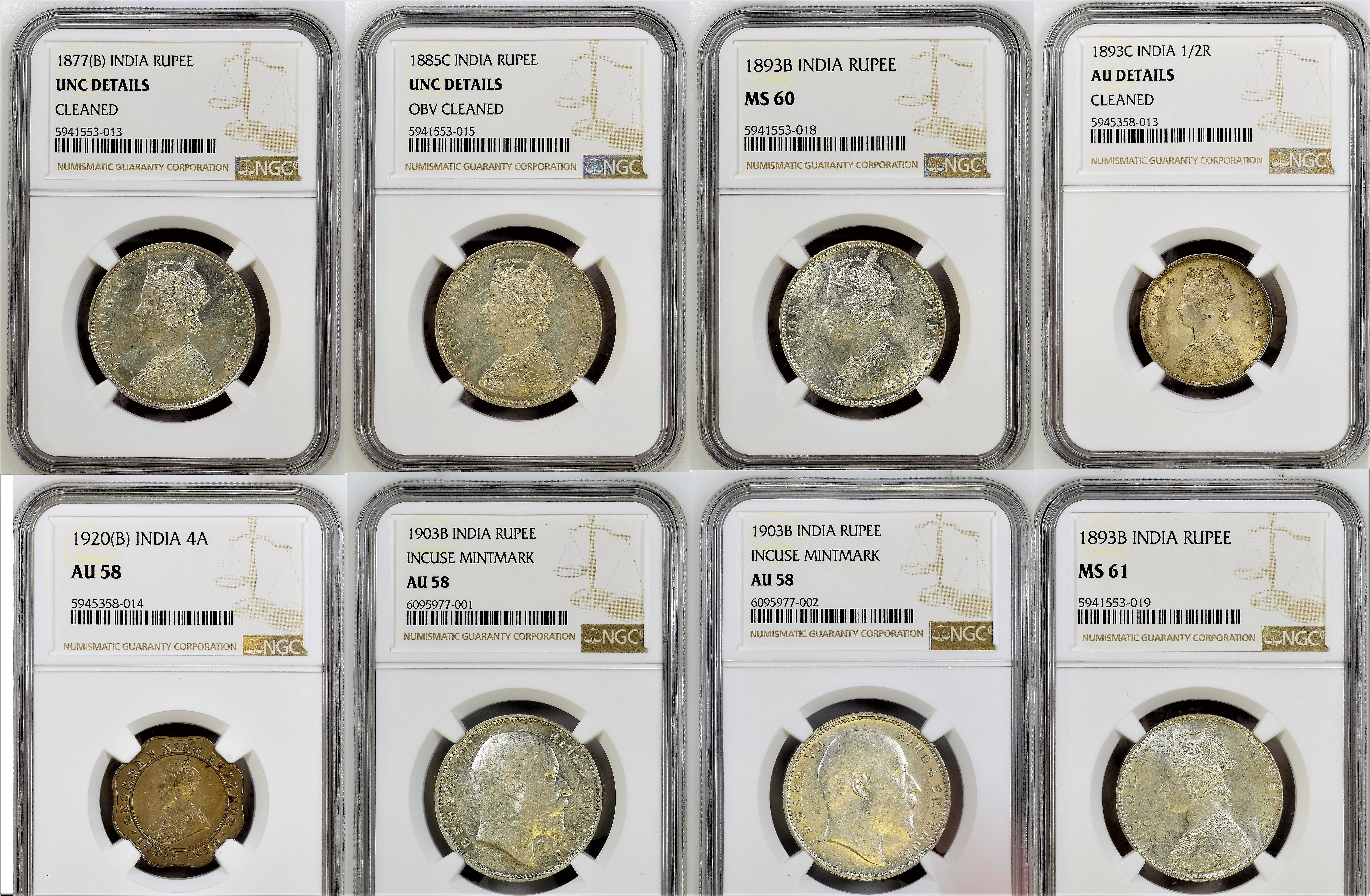 India Lot of 8 silver graded rupees different dates. NGC Details through MS61