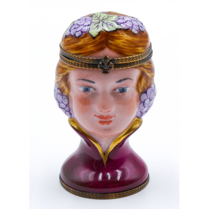 Limoge Peint Main Woman's Head w/ Grapes Figural Box 3.5''