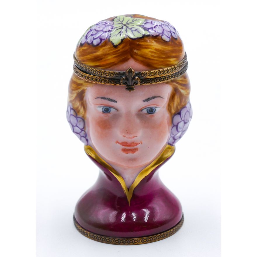 Limoge Peint Main Woman's Head w/ Grapes Figural Box 3.5''