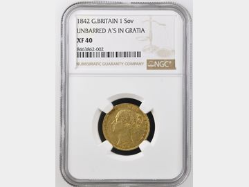 1842 VICTORIA SHIELD GOLD SOVEREIGN (UNBARRED A'S IN GRATIA) XF40