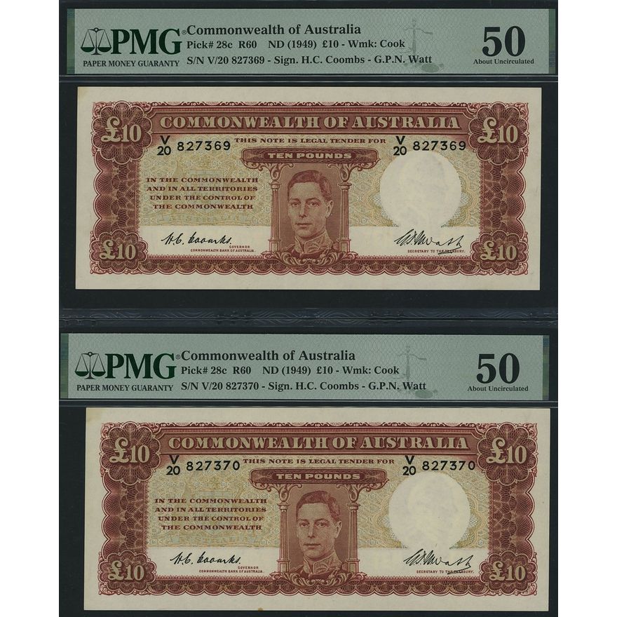 Commonwealth of Australia, [2 Notes] consecutive pair of 10 Pounds, ND ...