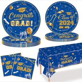GRADUATION PARTY SUPPLIES DINNERWARE SET, BLUE 2024 GRADUATION PARTY DISPOSABLE PAPER PLATES NAPKINS TABLECLOTH CONGRATS GRAD PART